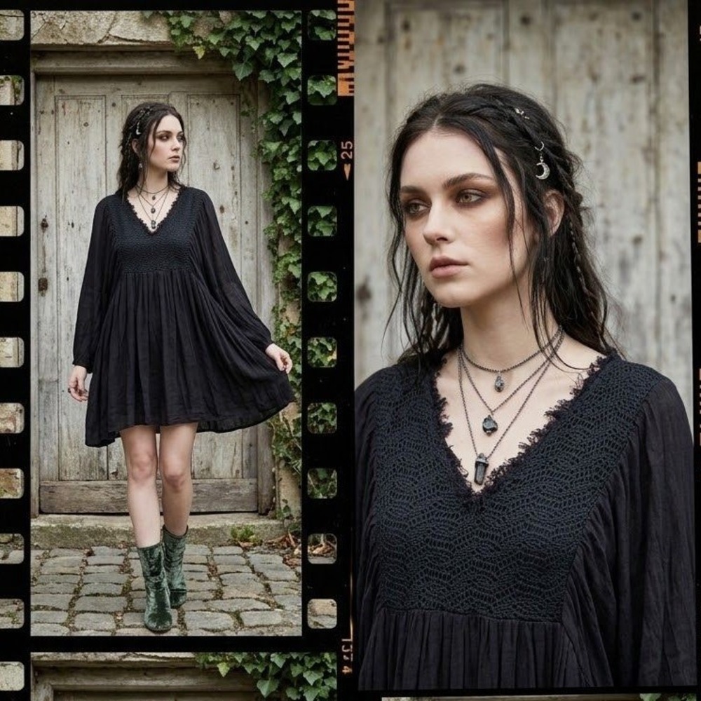 Z&L Europe Tunic Dress M/L Black Crochet Yoke Long Sleeve Whimsigoth Witchy